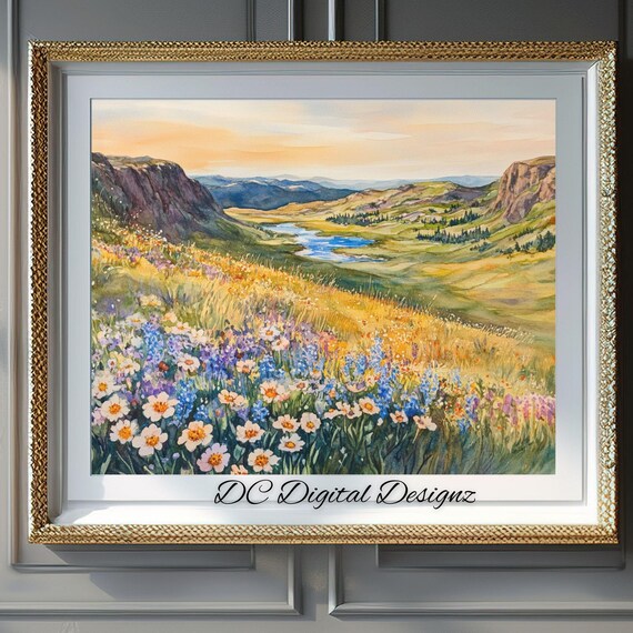 Sunset Valley Wildflowers River Hills Watercolor Landscape Poster