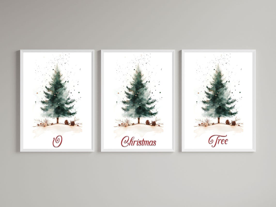 O Christmas Tree Watercolor Evergreen Triptych Set Holiday Poster