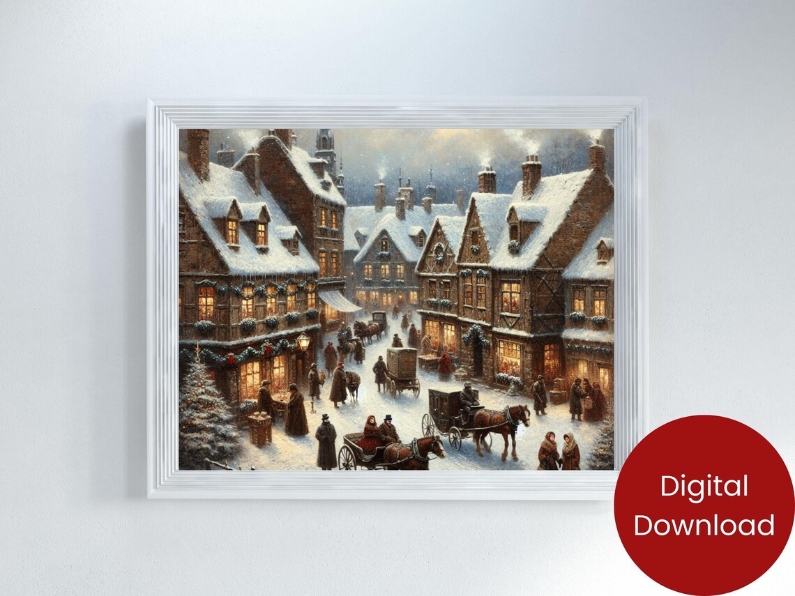 Victorian Christmas Village Snowy Street Carriage Holiday Poster - Image 2