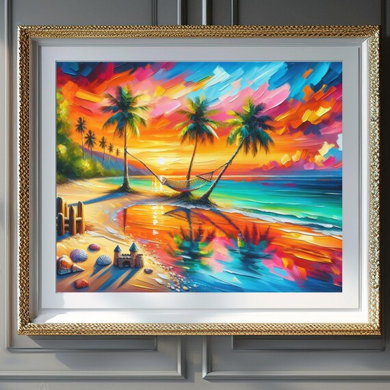 Tropical Beach Sunset Palm Trees Hammock Sandcastle Art Poster