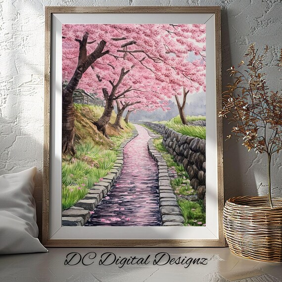 Cherry Blossom Canal Stone Path Spring Pink Flowers Watercolor Poster