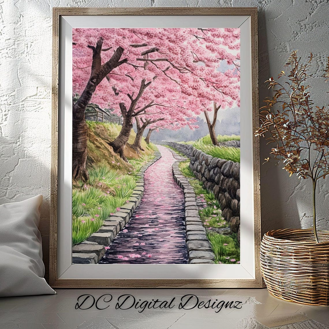 Cherry Blossom Canal Stone Path Spring Pink Flowers Watercolor Poster
