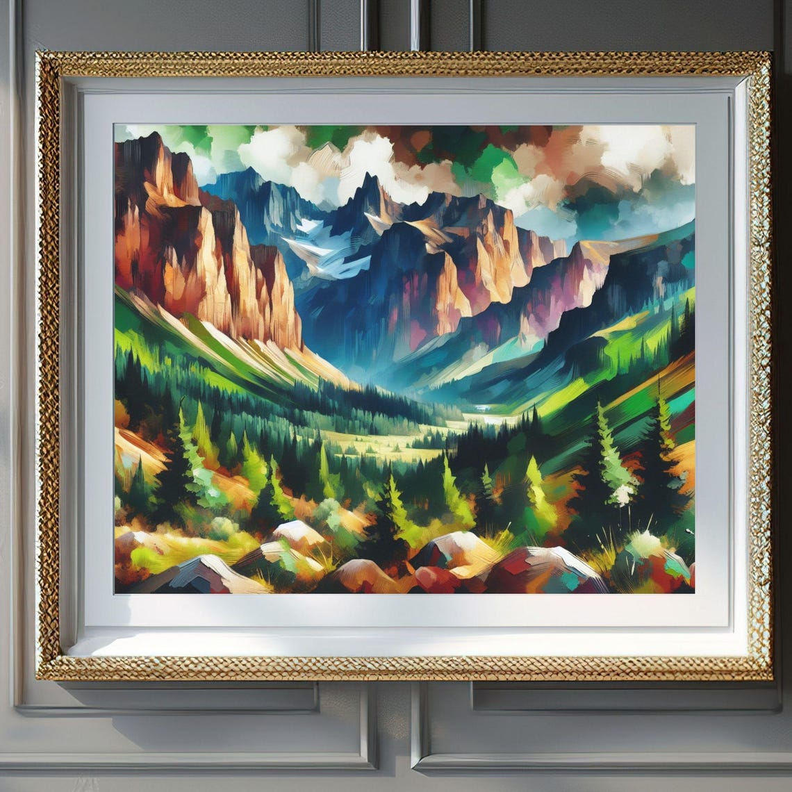 Vibrant Mountain Valley Impressionist Landscape Nature Poster