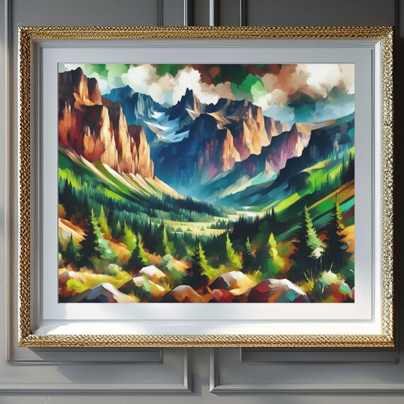 Vibrant Mountain Valley Impressionist Landscape Nature Poster