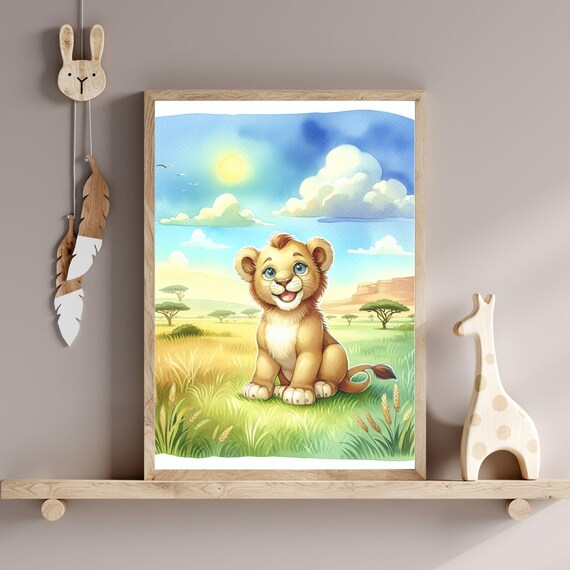 Baby Lion Cub Sunny Savanna Grassland Bright Nursery Wall Poster