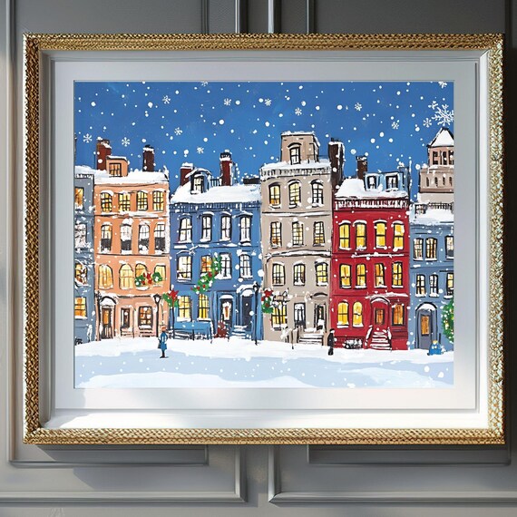 Colorful Brownstone Row Snow Daytime Wreaths Winter City Poster