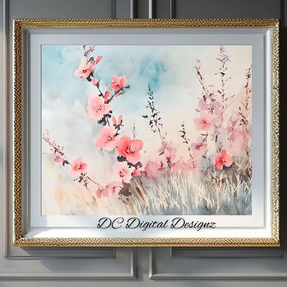 Pink Cherry Blossom Meadow Branches Watercolor Floral Poster