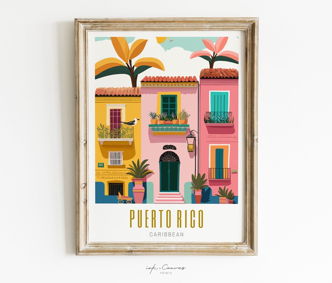 Puerto Rico Retro Destination Travel Poster, Wall Decor