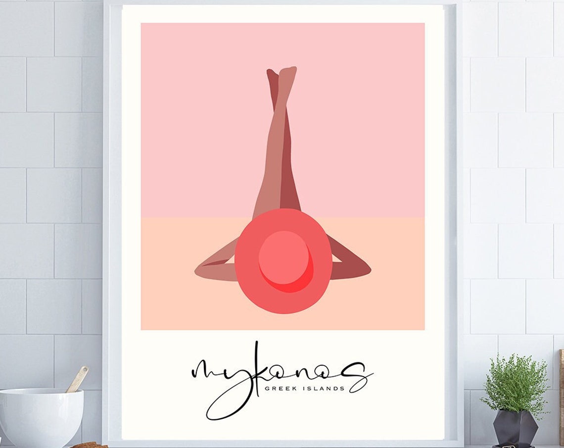 Mykonos Greek Islands Pink Sun Hat Beach Fashion Travel Poster