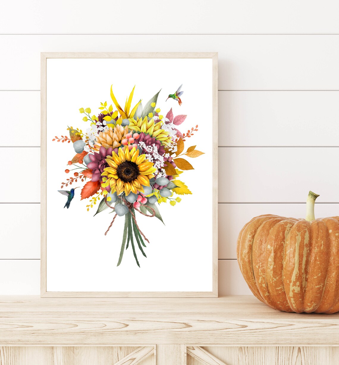 Fall Sunflower Bouquet Watercolor Hummingbirds Autumn Floral Poster - Image 2