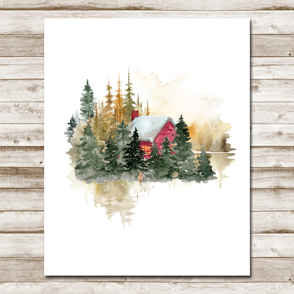 Cozy Red Cabin In Snowy Woodland Forest Winter Watercolor Poster - Image 4