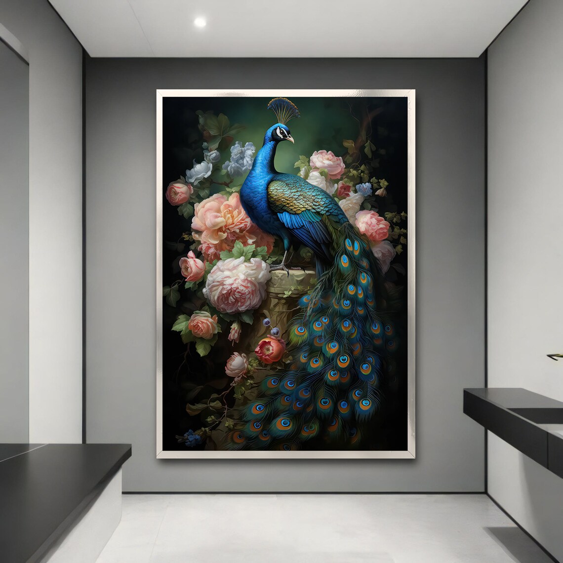 Majestic Peacock And Floral Painting, Elegant Animal Art - Image 3