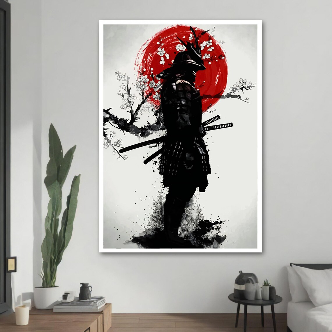 Samurai Silhouette With Red Sun, Japanese Home Decor - Image 2