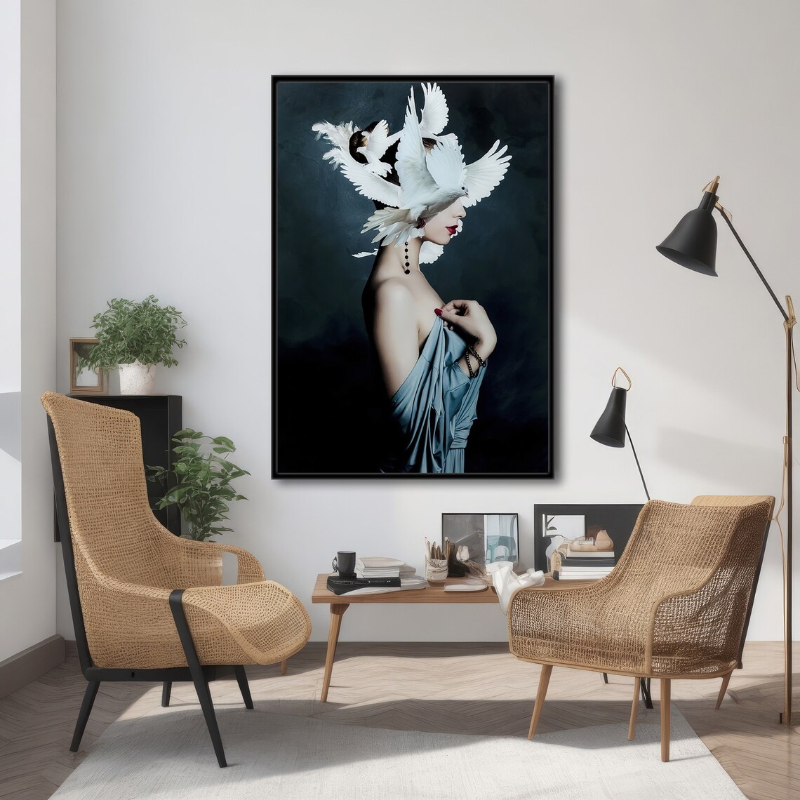 Elegant Woman With Doves, Modern Painting - Image 4
