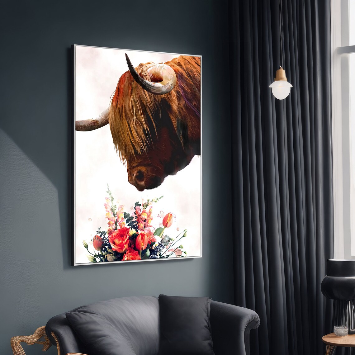 Highland Cow With Flowers Painting, Nature Gift