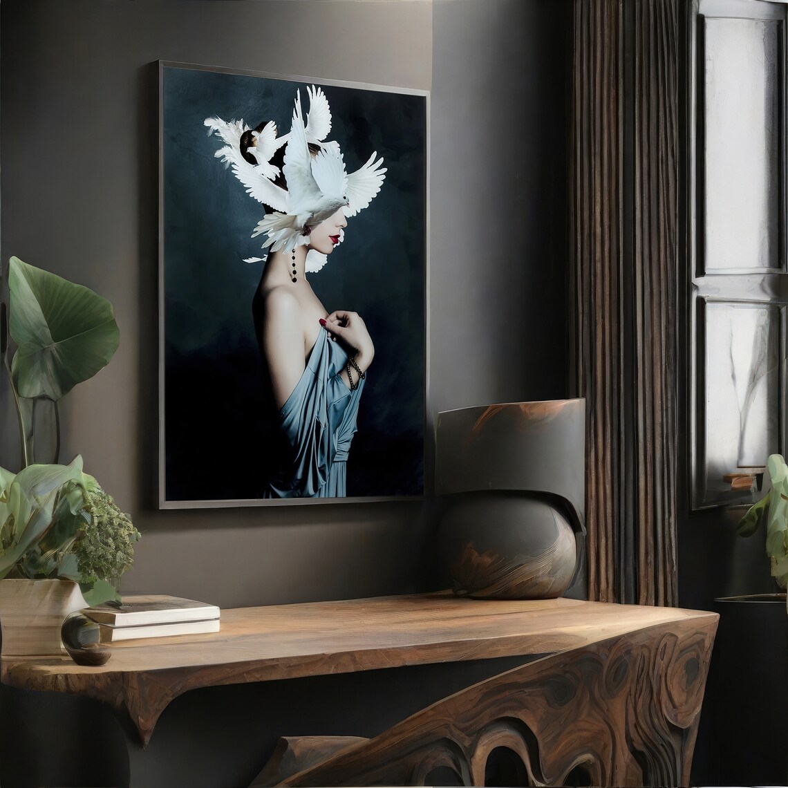 Elegant Woman With Doves, Modern Painting