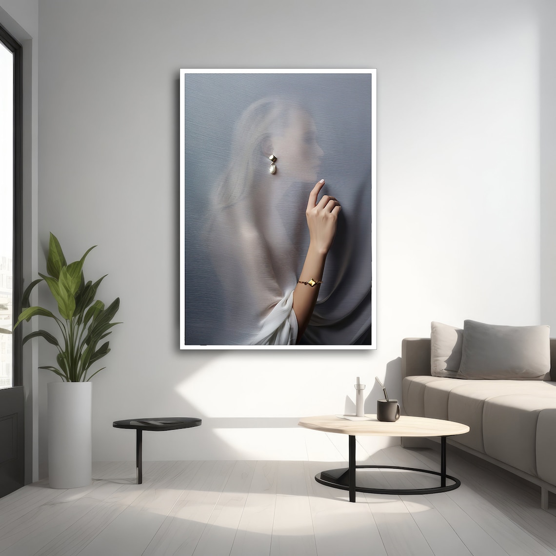 Elegant Woman Behind Glass, Modern Painting - Image 2