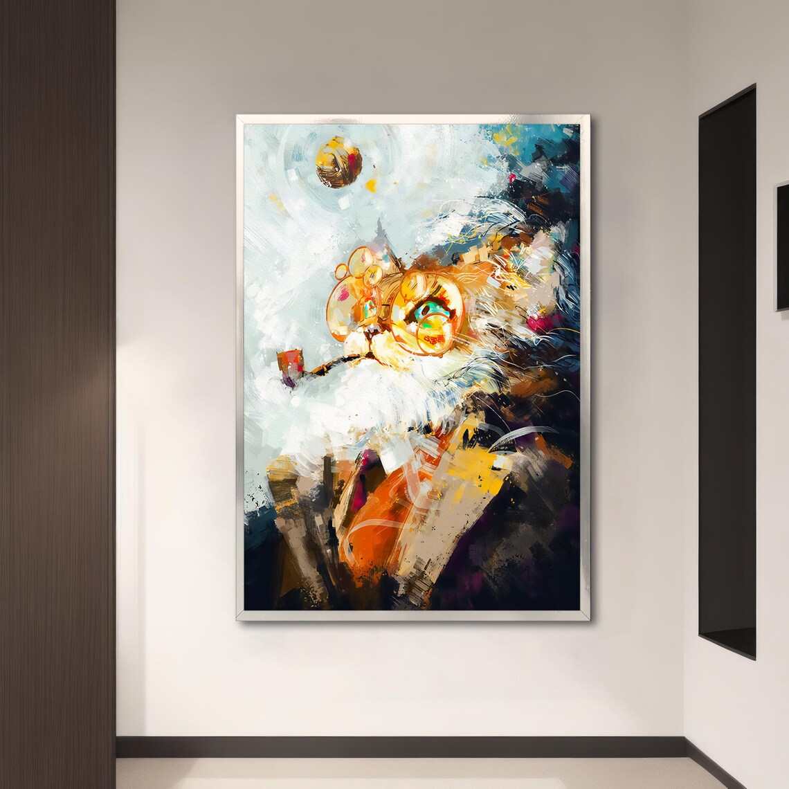 Cat With Glasses Smoking A Pipe, Smart Cat Art - Image 2