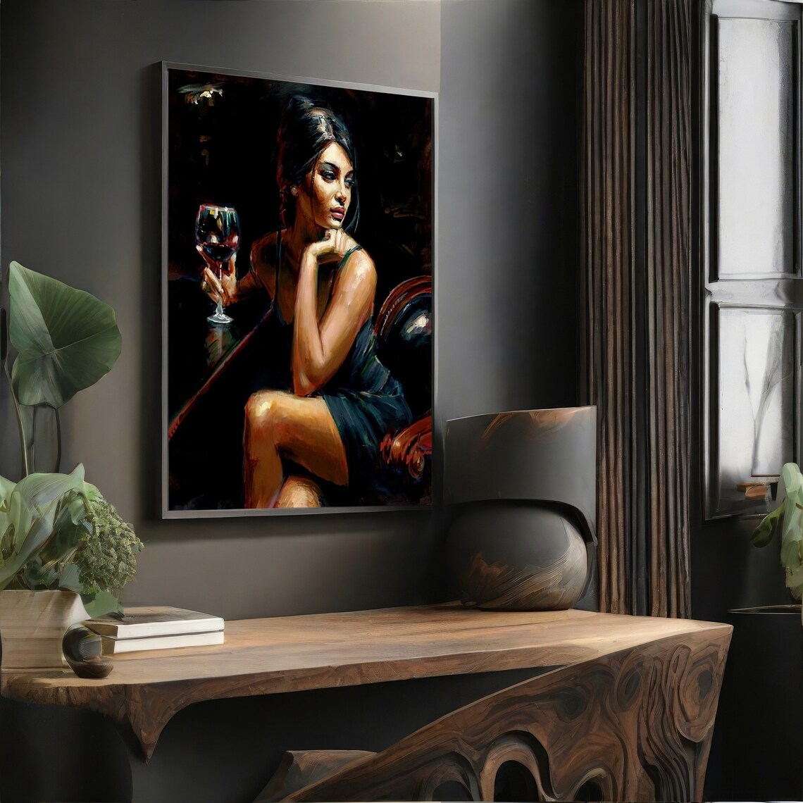 Elegant Woman With Wine Glass, Modern Painting