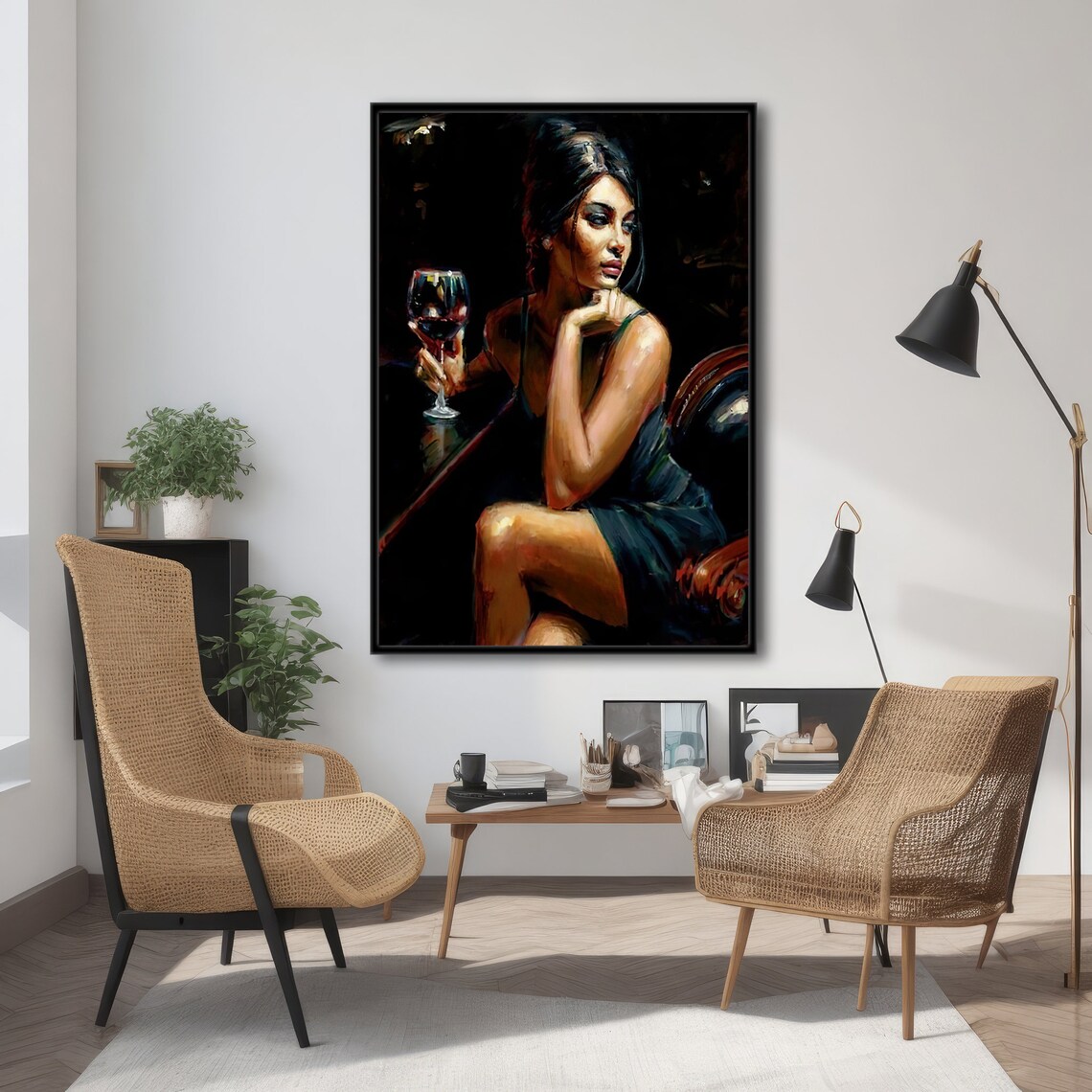 Elegant Woman With Wine Glass, Modern Painting - Image 4
