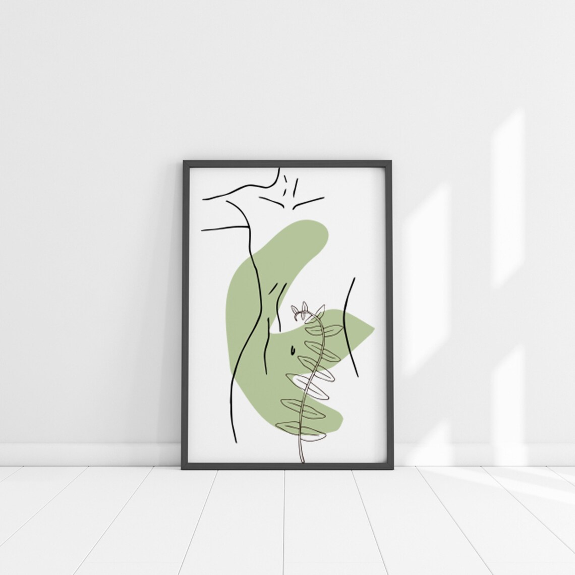 Abstract Female Body Line Art with Sage Botanical Accents Poster