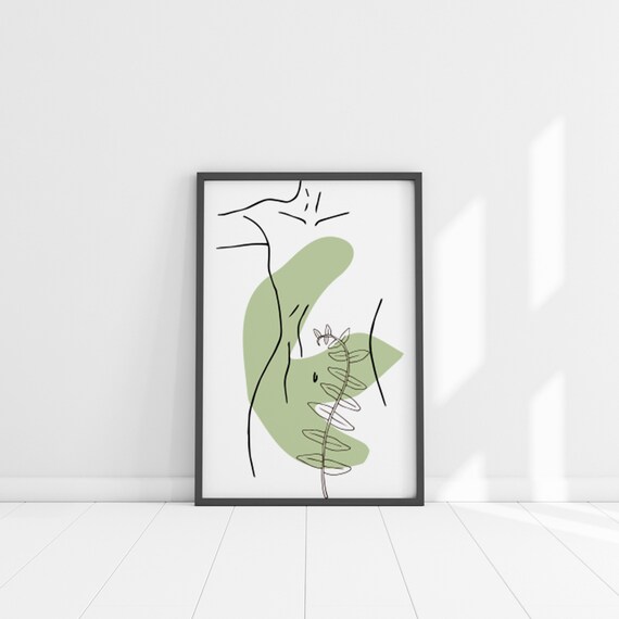 Abstract Female Body Line Art with Sage Botanical Accents Poster