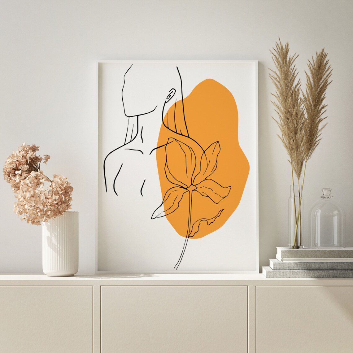 Feminine Line Portrait with Orange Abstract Flower Detail Wall Poster - Image 2