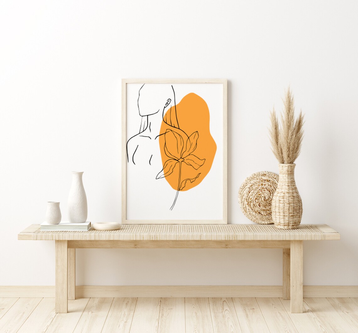 Feminine Line Portrait with Orange Abstract Flower Detail Wall Poster - Image 3