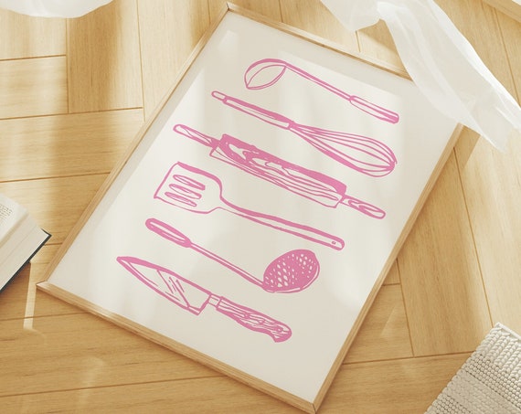 Kitchen Utensils Print Art Pink Kitchen Decor Foodie Art Poster Cute Trendy Wall Art Gift For Cook
