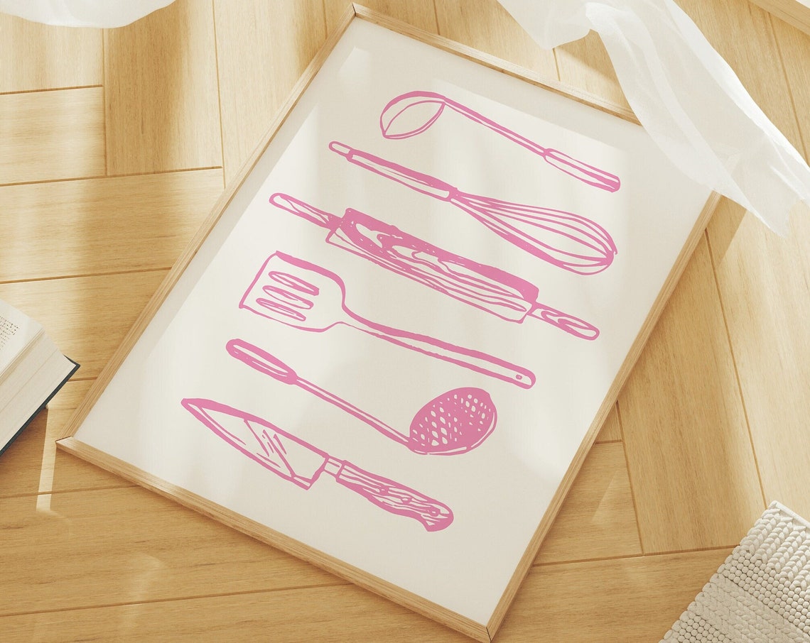 Kitchen Utensils Print Art Pink Kitchen Decor Foodie Art Poster Cute Trendy Wall Art Gift For Cook
