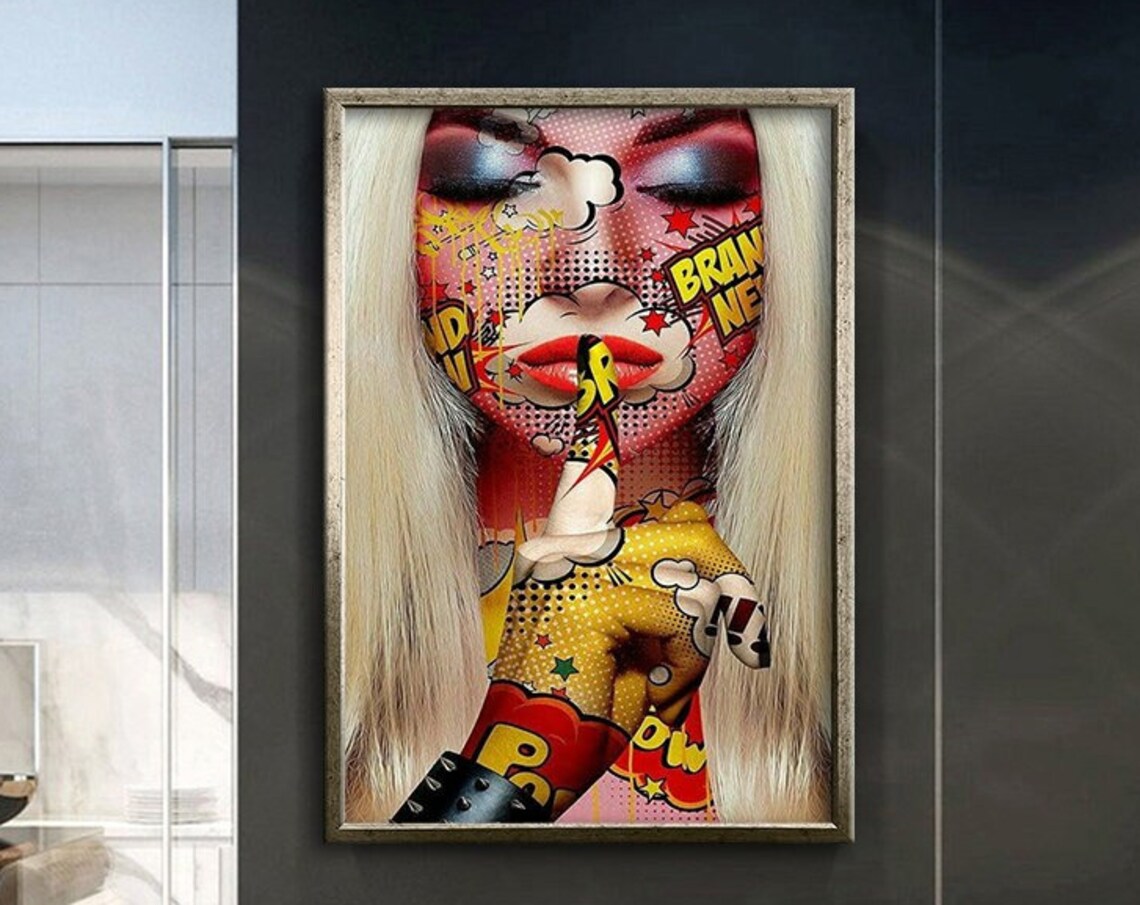 Pop Art Comic Woman Shushing Finger Halftone Colorful Art Poster