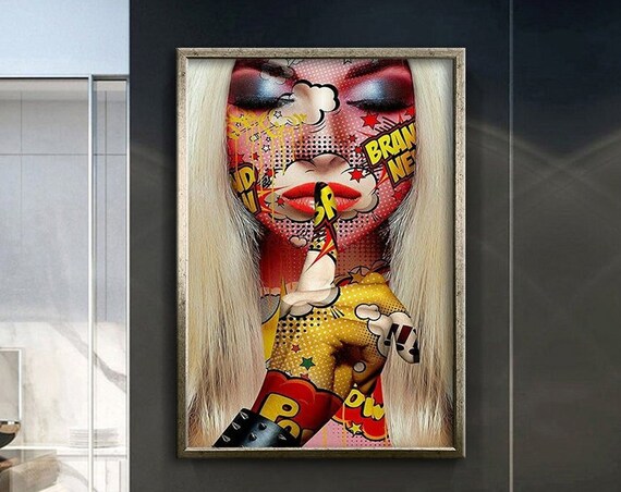 Pop Art Comic Woman Shushing Finger Halftone Colorful Art Poster