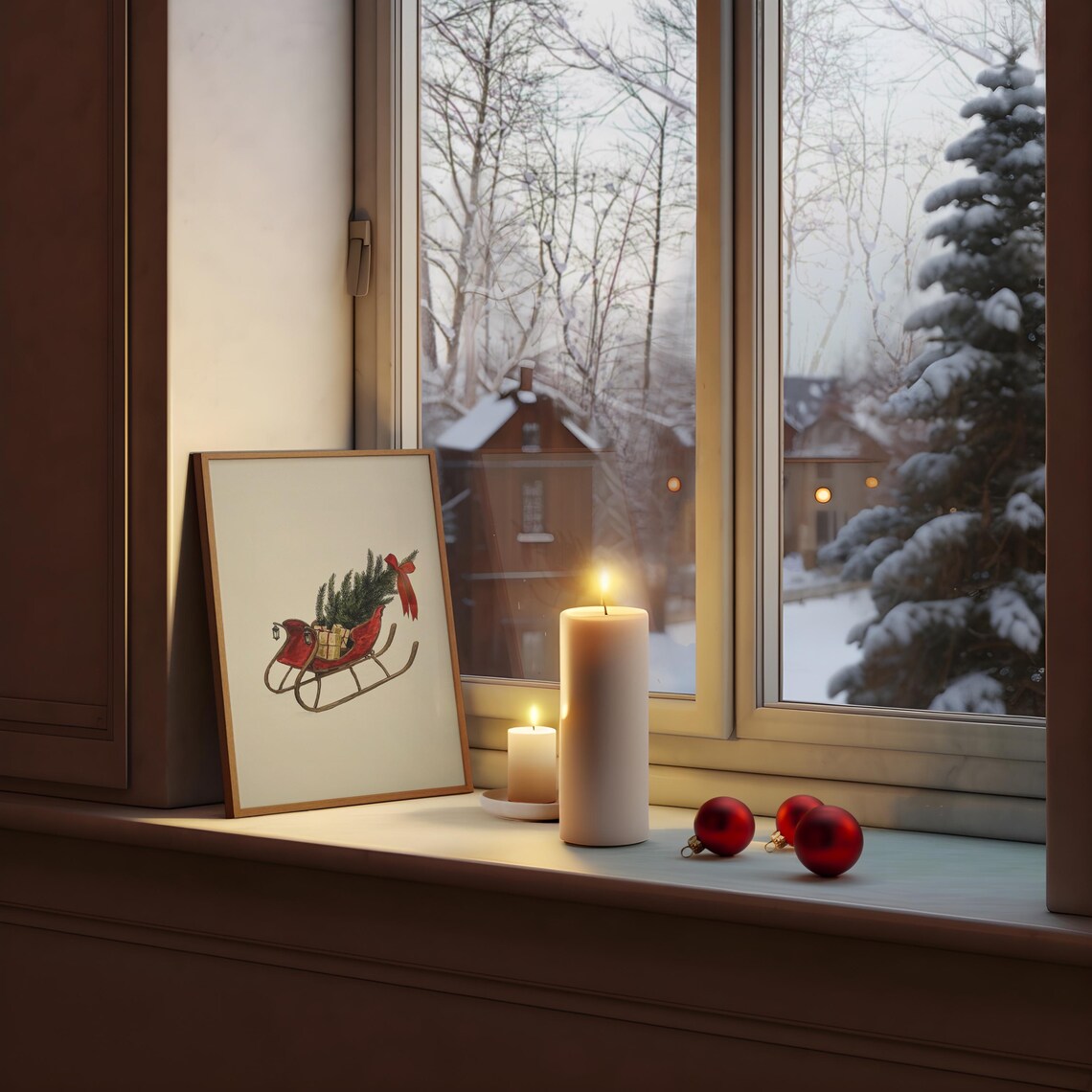 Vintage Red Christmas Sleigh Tree Gifts Minimalist Art Poster - Image 3