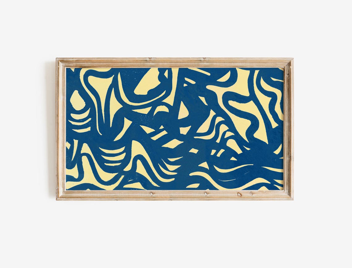 Bold Blue Yellow Abstract Wave Pattern Modern Graphic Wall Art - Image 2