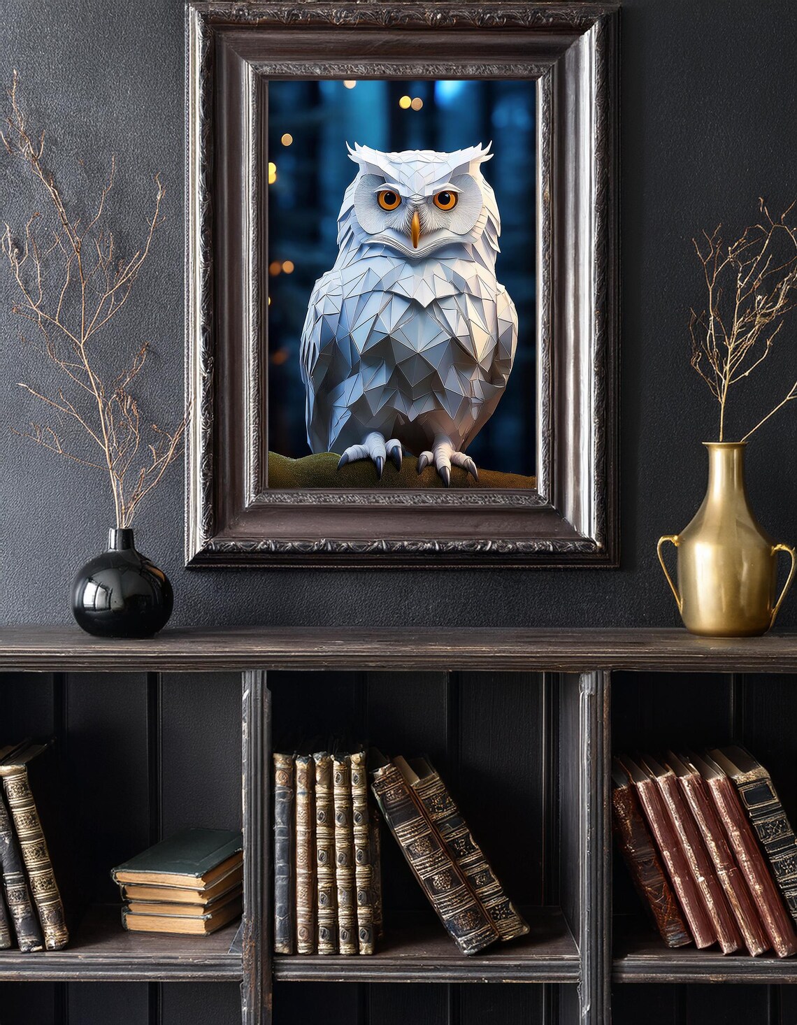Geometric White Owl Paper Art Amber Eyes Night Moody Animal Wall Art Poster - Image 6