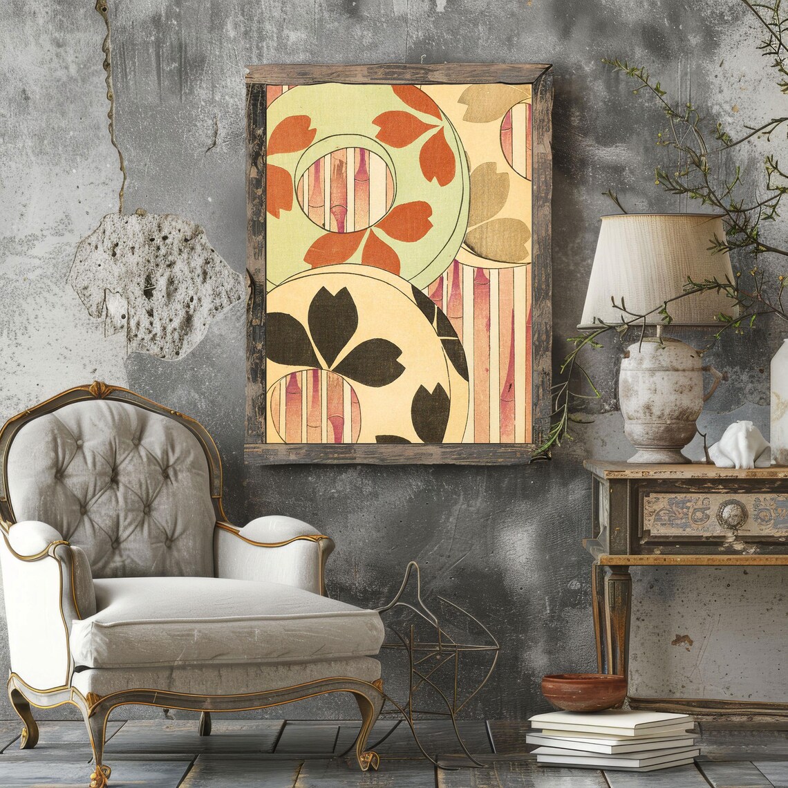 Vintage Japanese Uchiwa Fan Floral Woodblock Style Art Wall Poster - Image 3