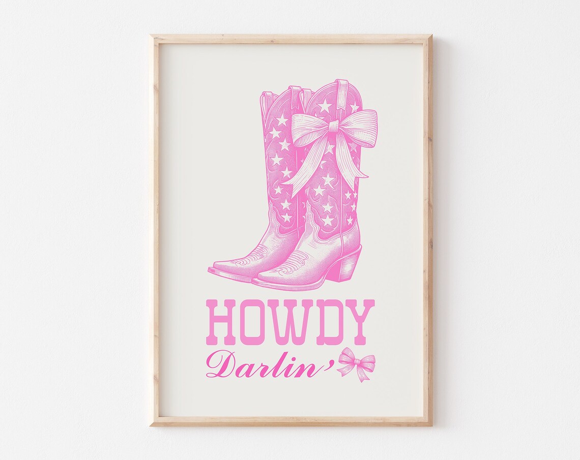 Pink Cowgirl Boots Stars Bow Howdy Darlin Western Art Poster