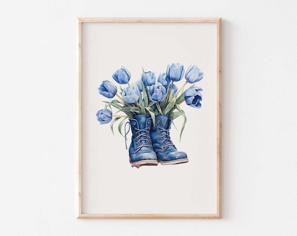 Boots With Flowers Blue Tulip Watercolor Art Print