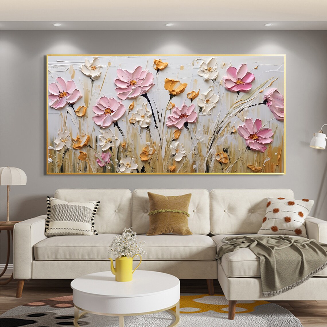 Pink White Blooming Flowers Golden Foliage Impasto Field Poster - Image 5