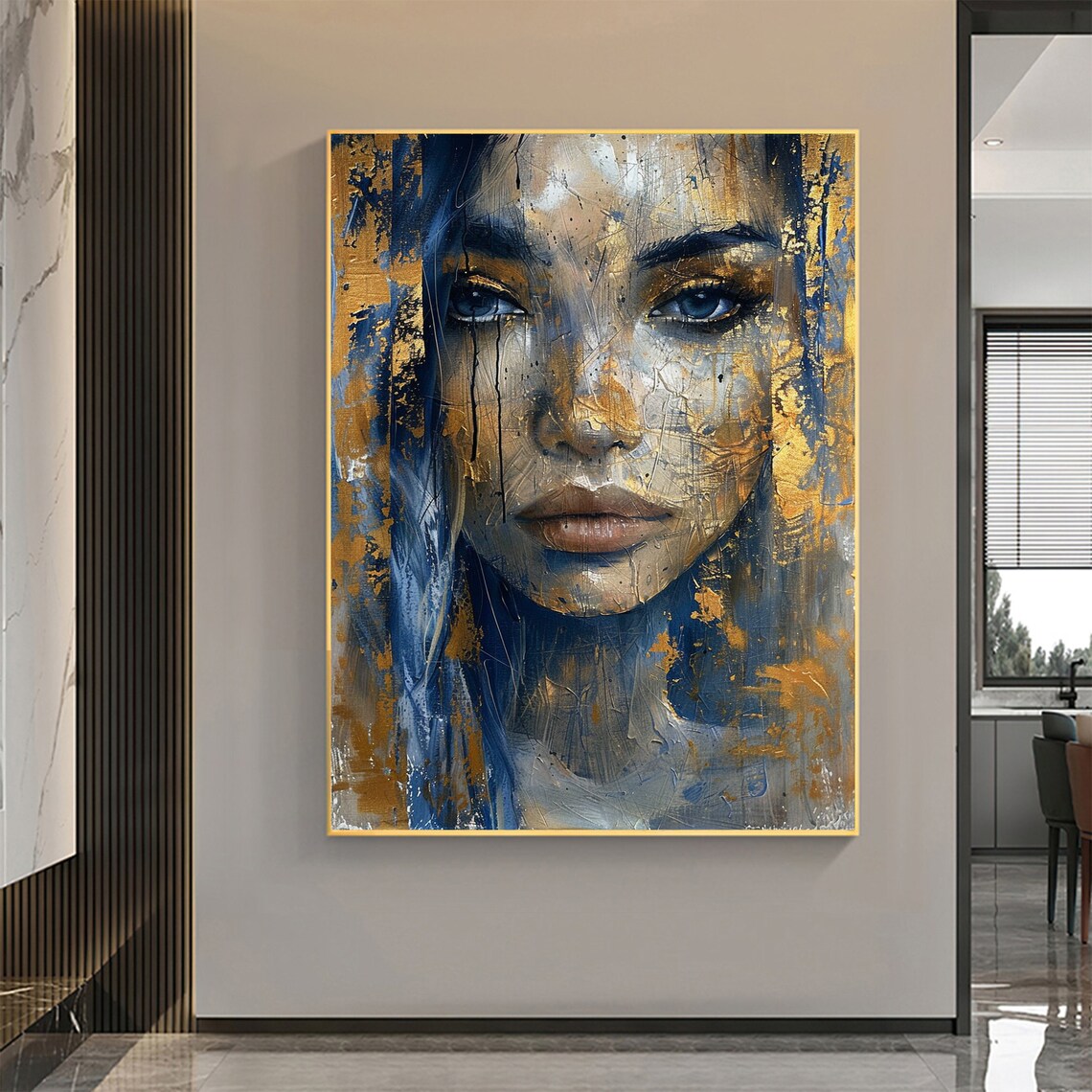 Woman Face Closeup Gold Blue Textured Abstract Portrait Poster - Image 4