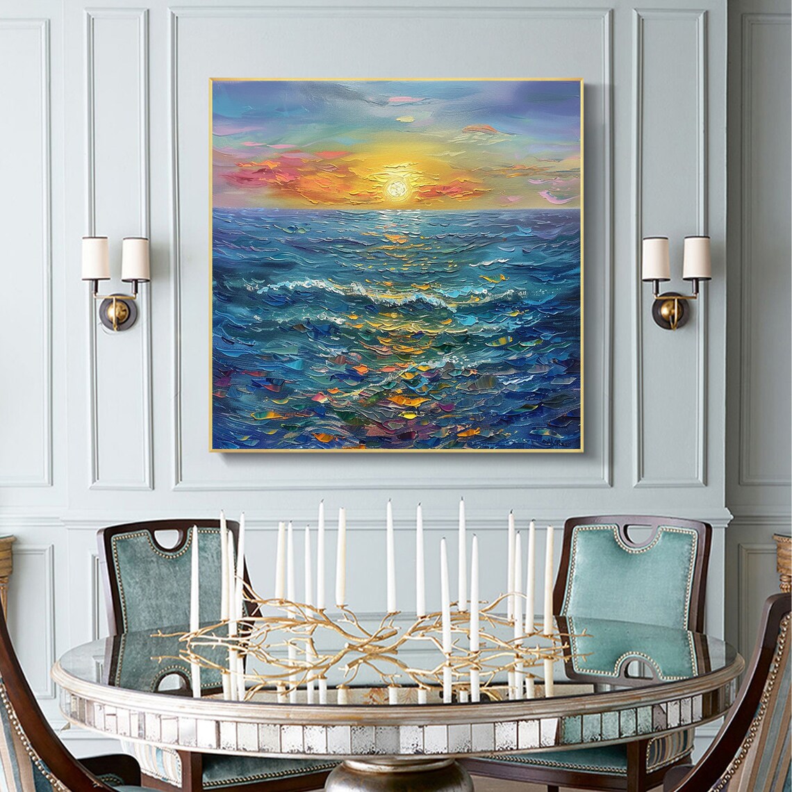 Bright Sun Over Textured Blue Ocean Waves Seascape Oil Painting Poster - Image 5