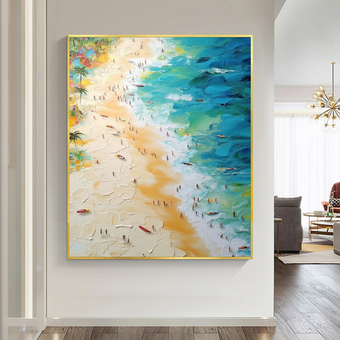 Aerial View of a Summer Beach With Swimmers Oil Painting Poster - Image 4