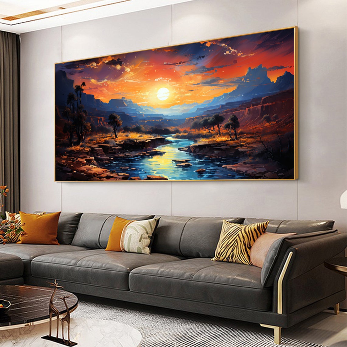 Original River Landscape Oil Painting On Large Wall Art Abstract Sunset Mountain Painting Minimalist Art Custom Living Room Decor - Image 7