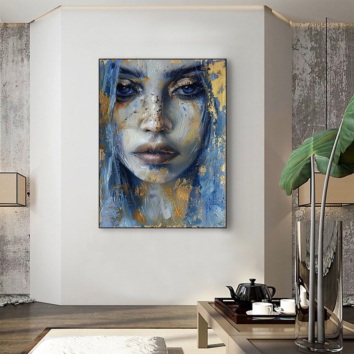 Blue Eyed Woman Face Gold Accents Textured Portrait Art Poster - Image 4