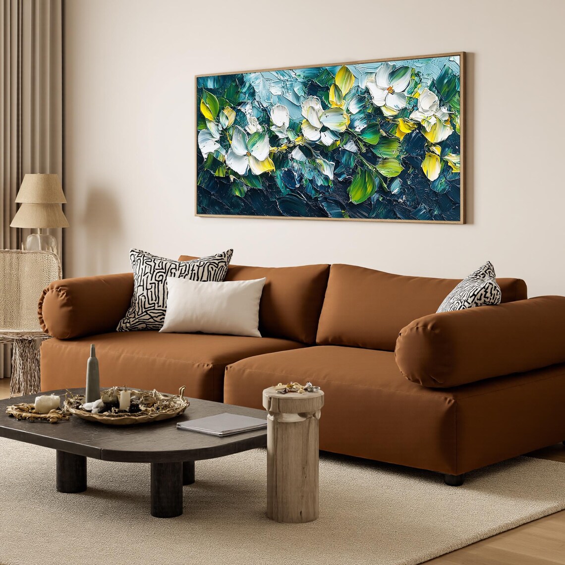 White Blossoms on Deep Teal Textured Floral Oil Painting Poster - Image 6