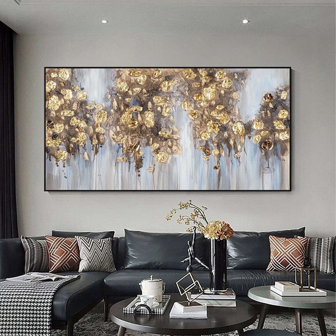 Gold Leaf Rain Abstract on Gray Textured Oil Painting Poster - Image 4