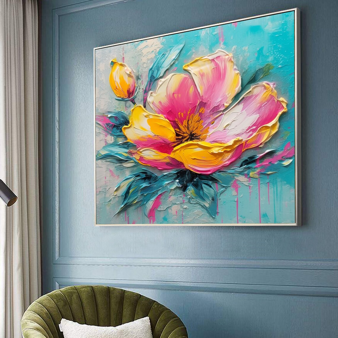 Vivid Pink Yellow Blossom Teal Leaves Bold Floral Art Poster - Image 2