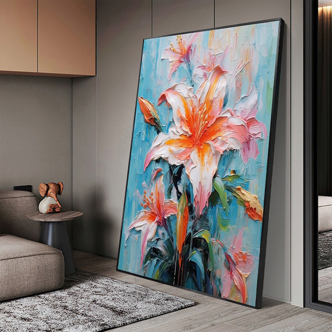 Orange Pink Lily Blooms Vivid Blue Background Impasto Poster - Image 7