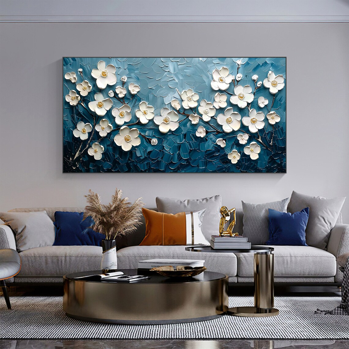 White Blossom Branches on Teal Blue Textured Oil Painting Poster - Image 5