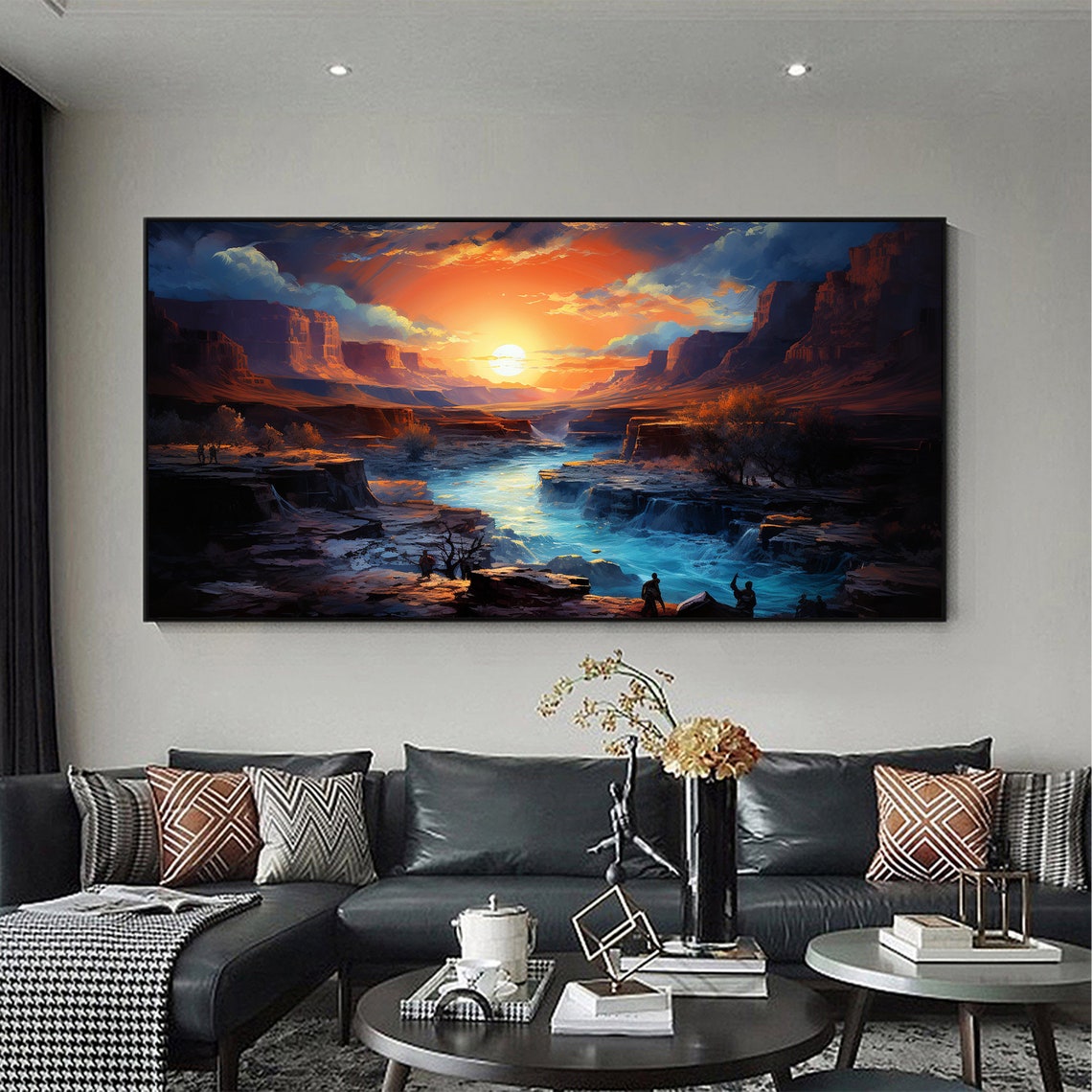 Canyon Sunset River Rapids Silhouette Figures Valley Art Poster - Image 5